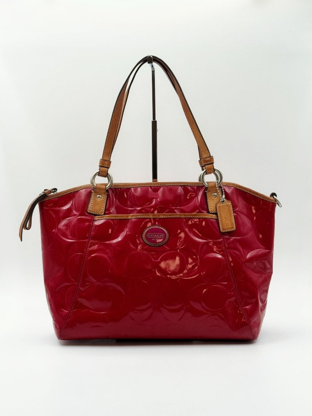 Coach Signature Patent Leather Red Tote Shoulder Bag Large w/ Long Strap